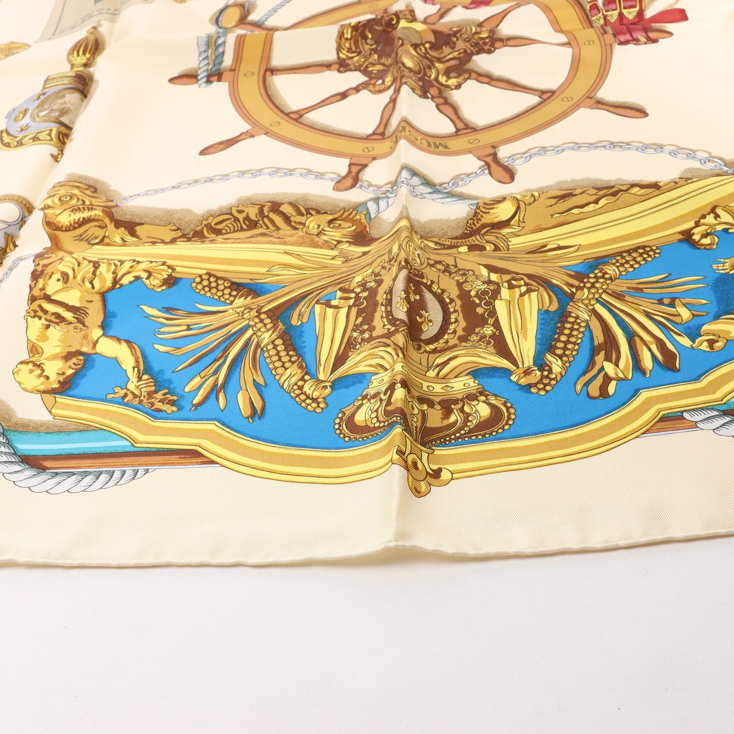 Hermès Carré 90 "BATEAU A VAPEUR DE JOUFFROY DABBANS 1784" Silk handkerchief in Beige