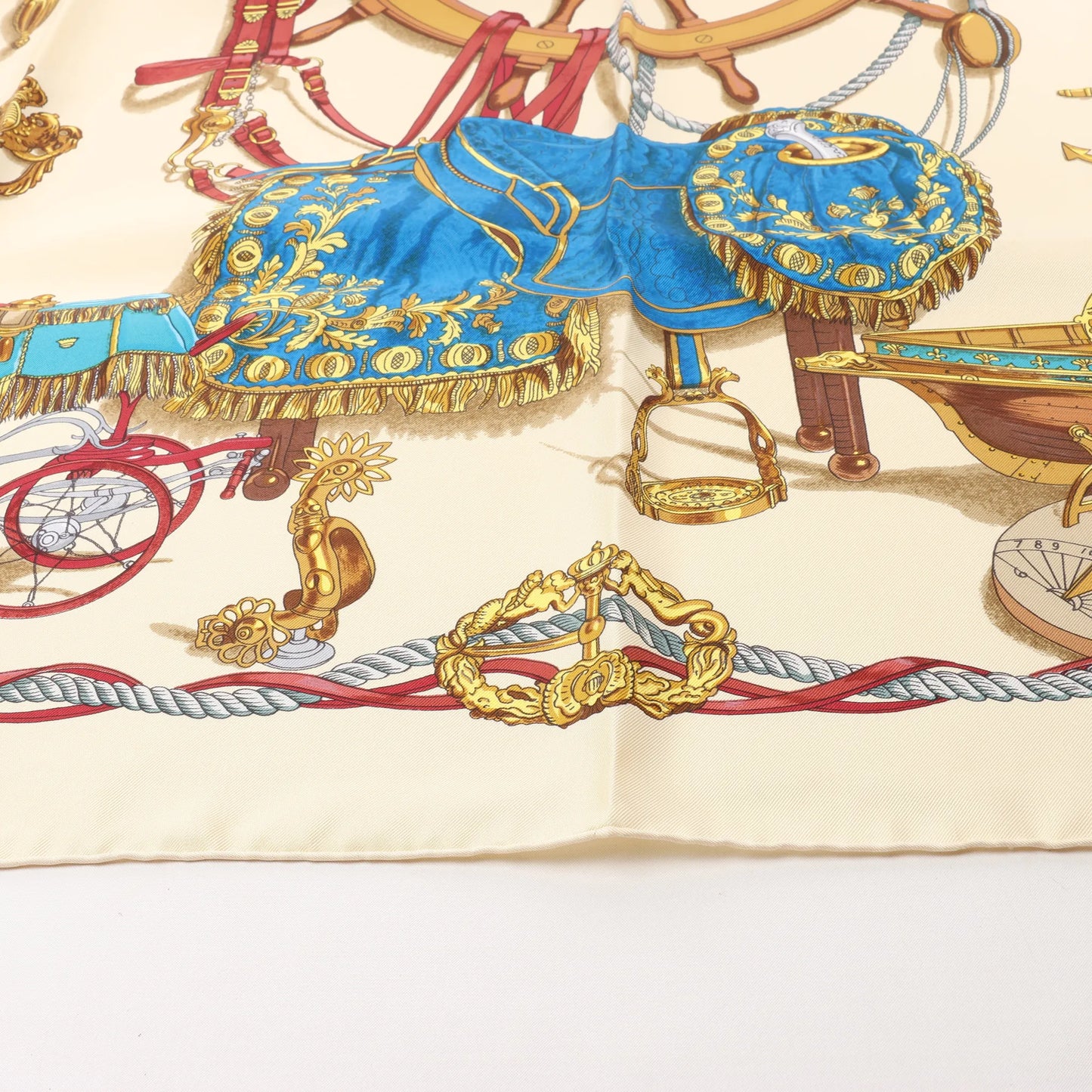 Hermès Carré 90 "BATEAU A VAPEUR DE JOUFFROY DABBANS 1784" Silk handkerchief in Beige
