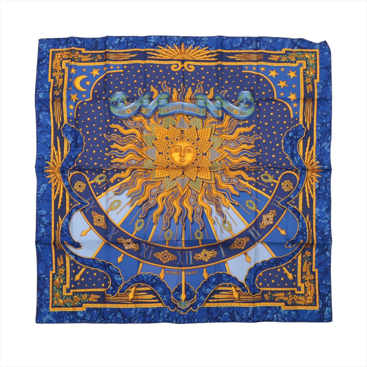 Hermès Carré 90 "CARPE DIEM" silk scarf in vibrant blue, featuring a radiant golden sun with a face at the center, surrounded by zodiac and celestial motifs, stars, moons, and Roman numerals on a detailed border.