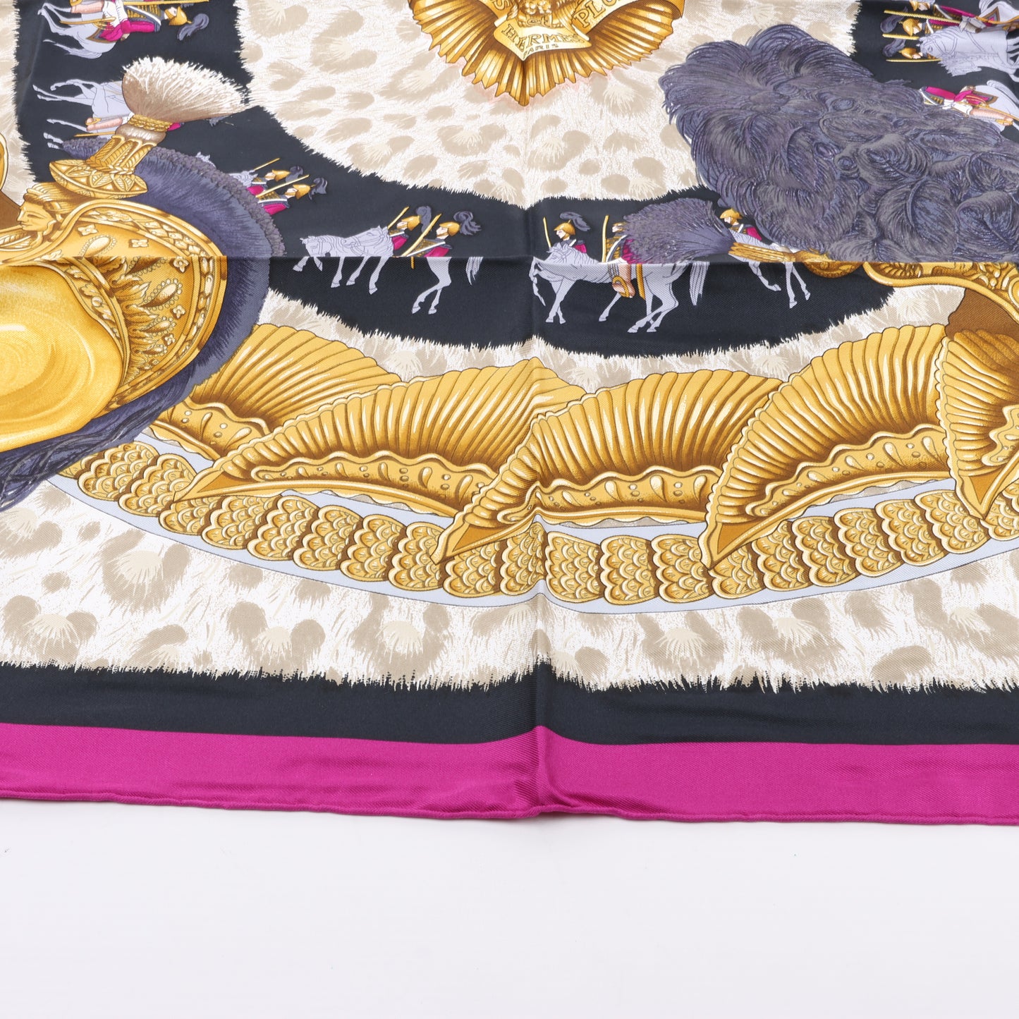 Hermès Carré 90 "CASQUES et PLUMETS" 100% Silk Scarf in Purple