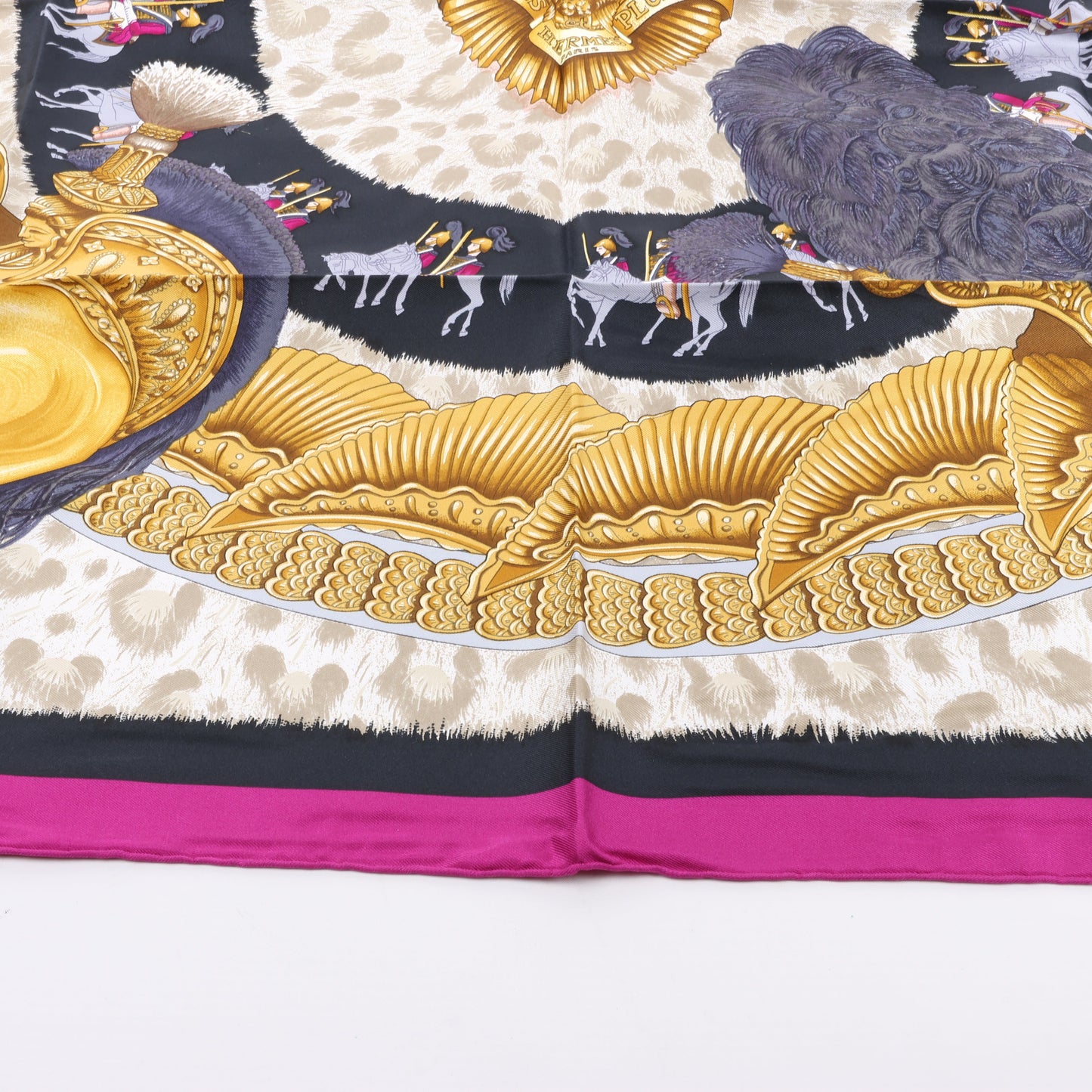 Hermès Carré 90 "CASQUES et PLUMETS" 100% Silk Scarf in Purple