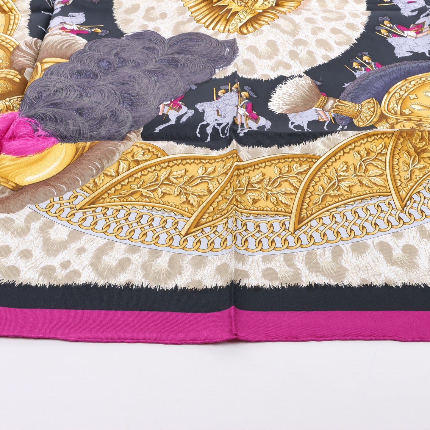 Hermès Carré 90 "CASQUES et PLUMETS" 100% Silk Scarf in Purple