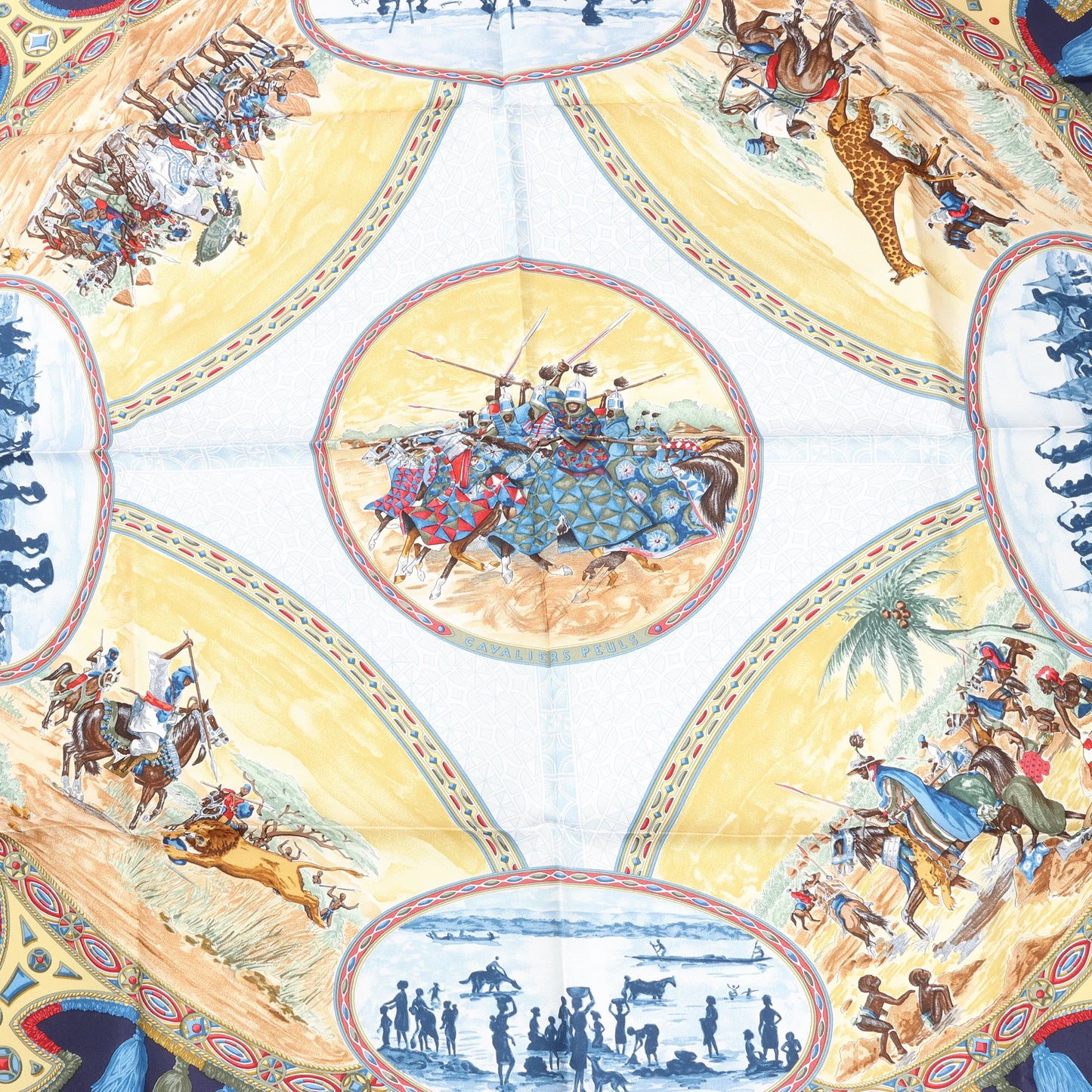 Hermès Carré 90 "CAVALIERS PEULS" Silk handkerchief in Navy Blue