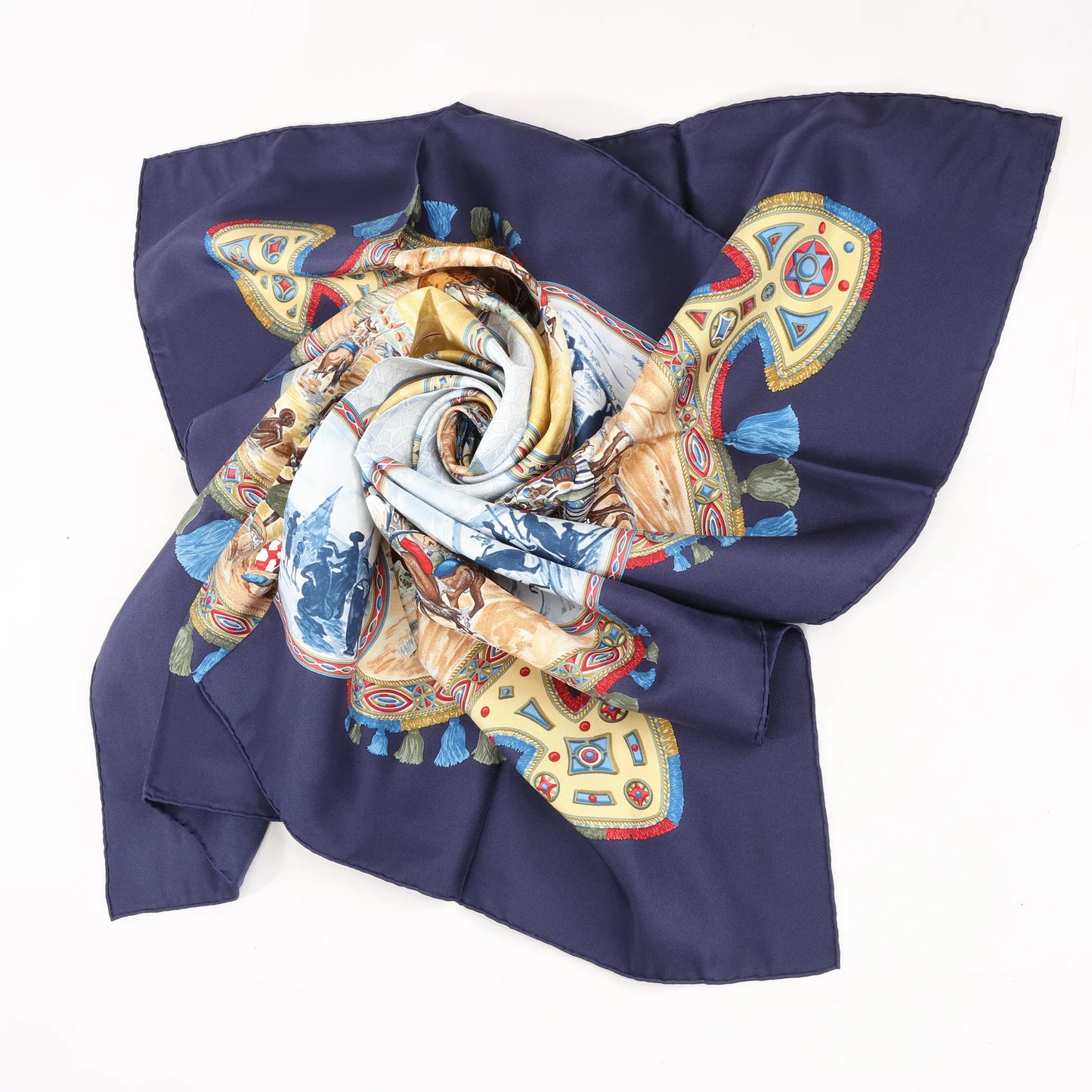 Hermès Carré 90 "CAVALIERS PEULS" Silk handkerchief in Navy Blue