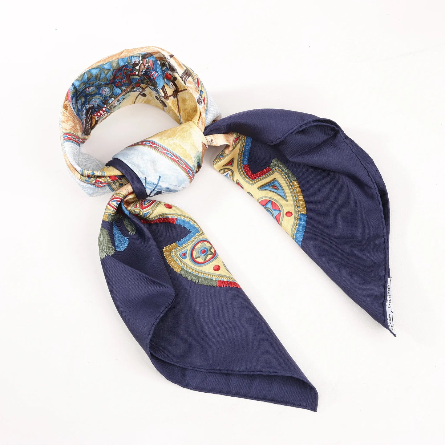 Hermès Carré 90 "CAVALIERS PEULS" Silk handkerchief in Navy Blue