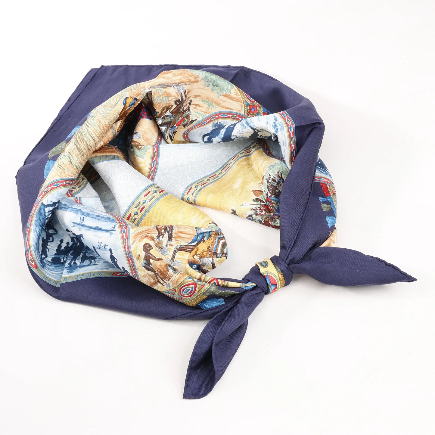 Hermès Carré 90 "CAVALIERS PEULS" Silk handkerchief in Navy Blue