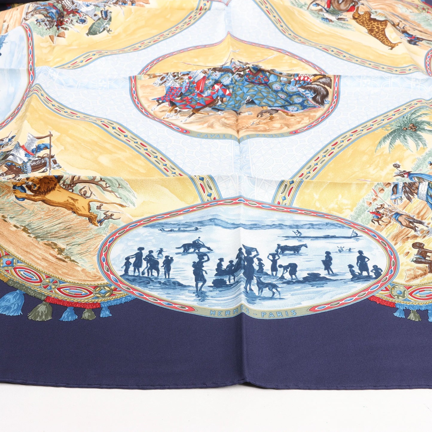 Hermès Carré 90 "CAVALIERS PEULS" Silk handkerchief in Navy Blue