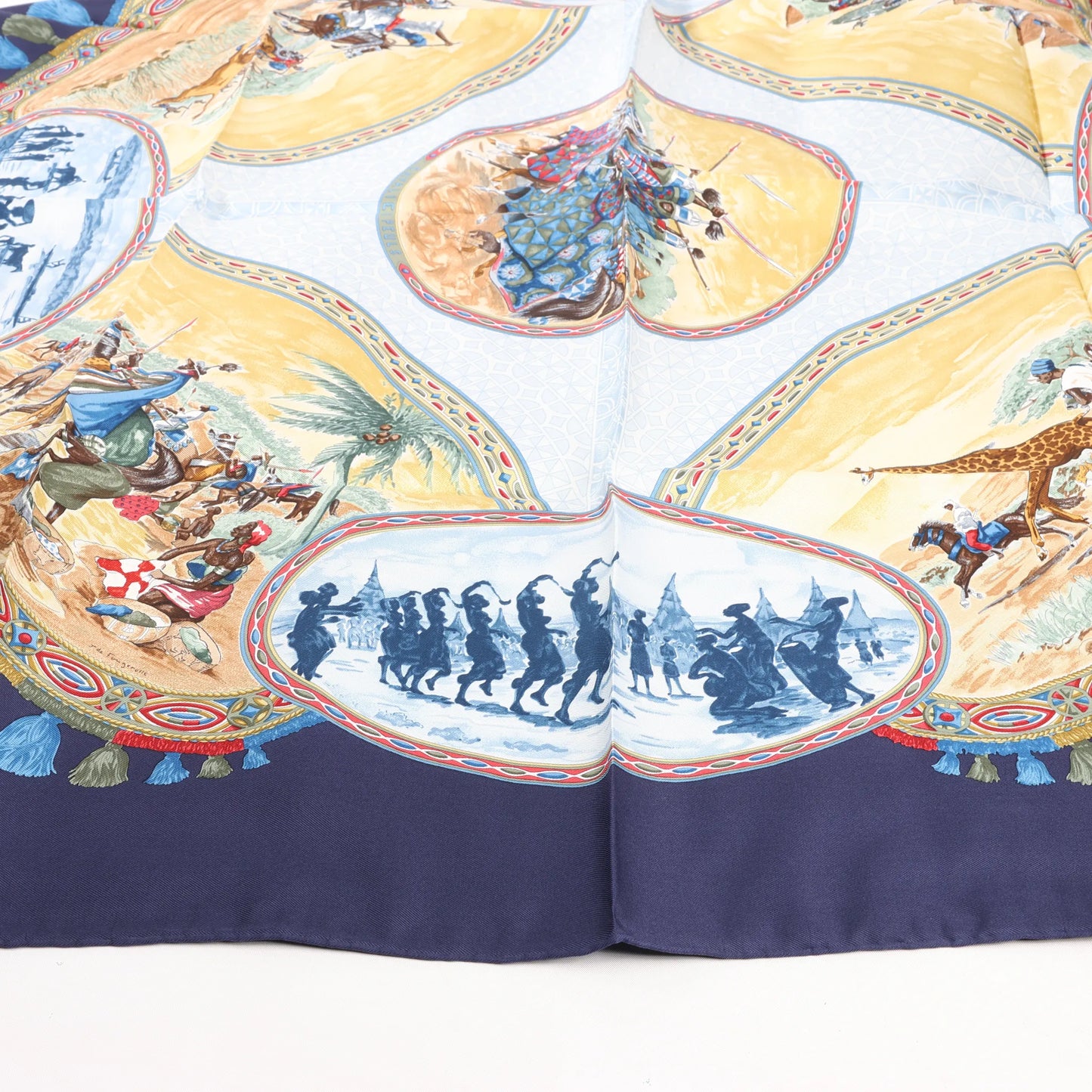 Hermès Carré 90 "CAVALIERS PEULS" Silk handkerchief in Navy Blue