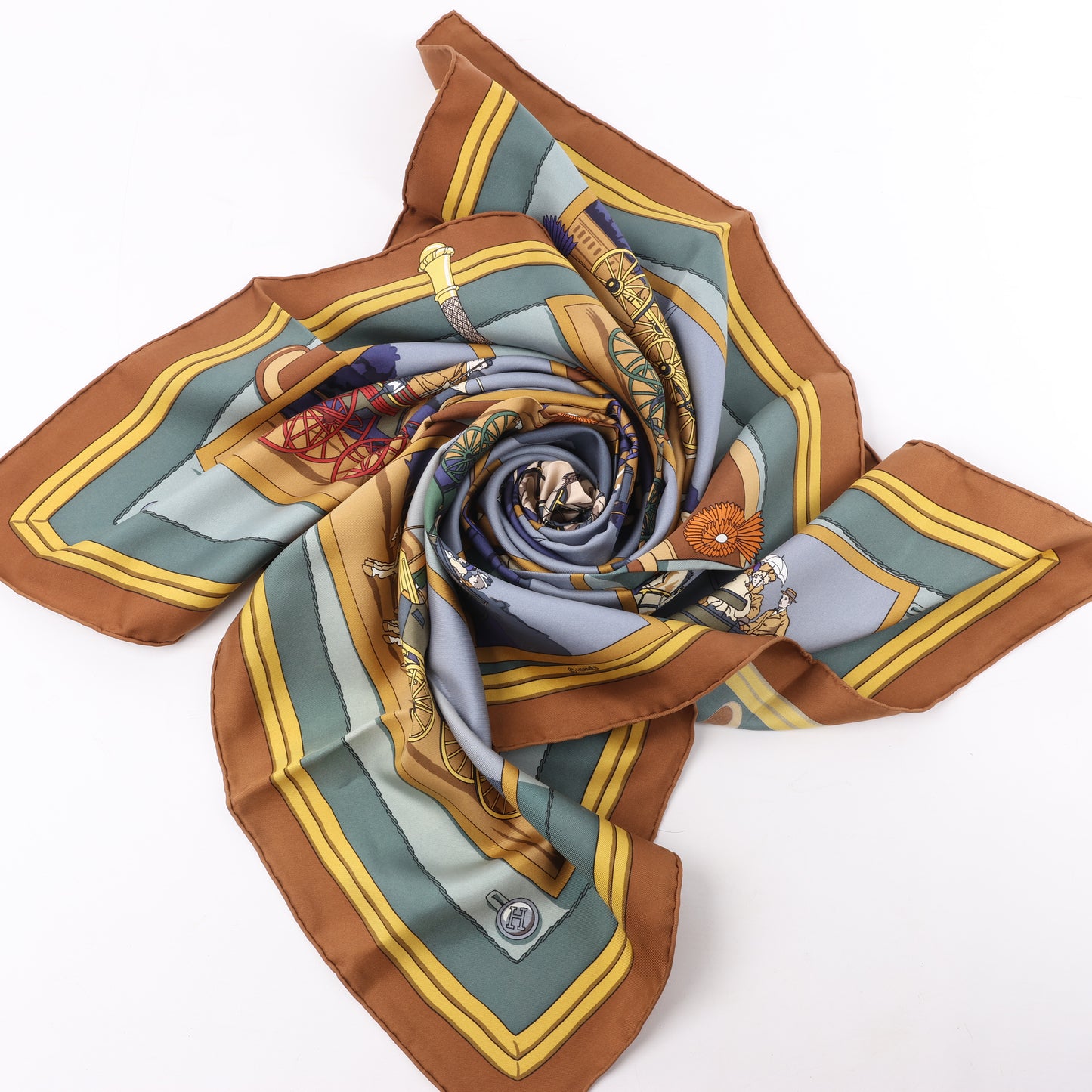 Hermès Carré 90 "Carriage and hat" 100% Silk Scarf in Brown