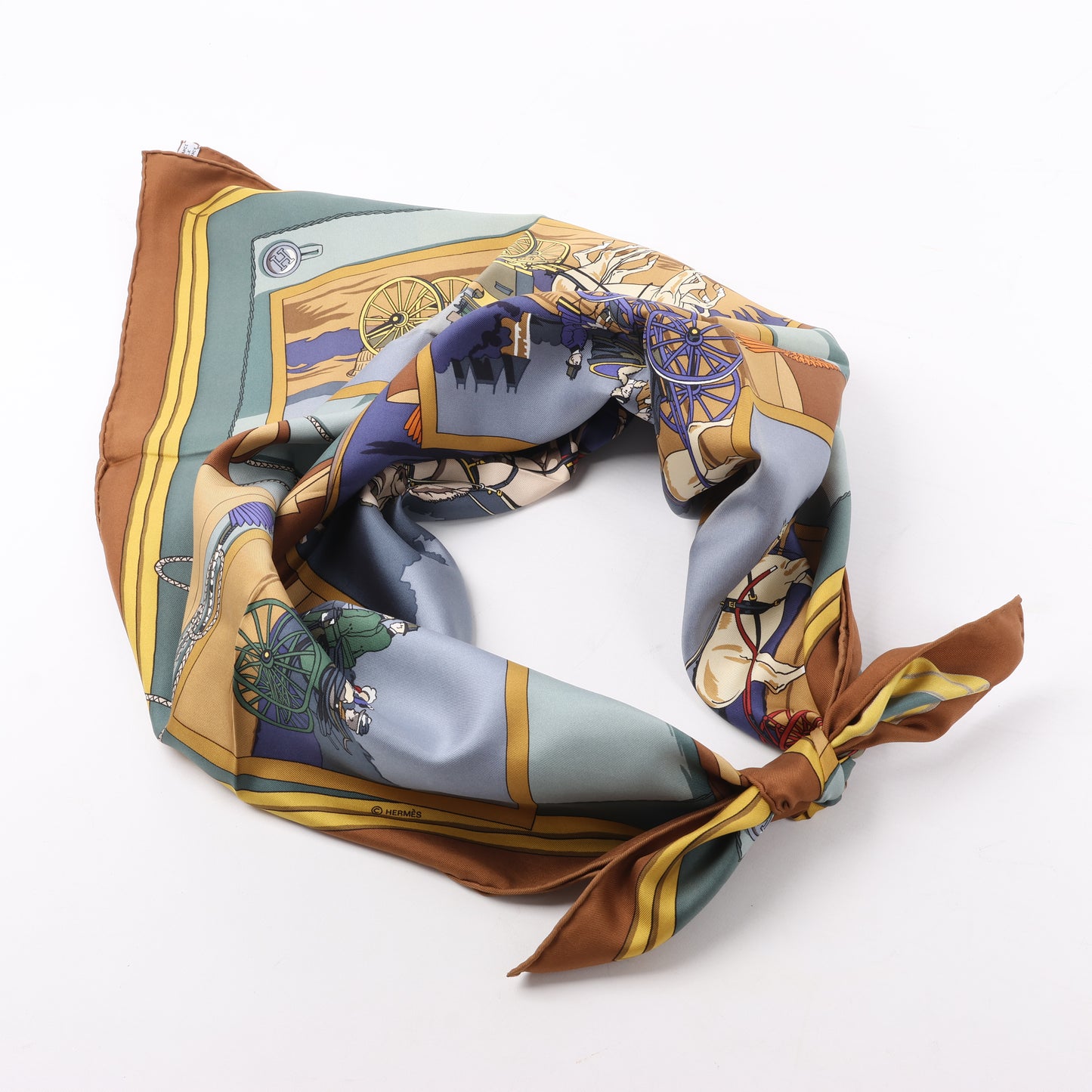 Hermès Carré 90 "Carriage and hat" 100% Silk Scarf in Brown