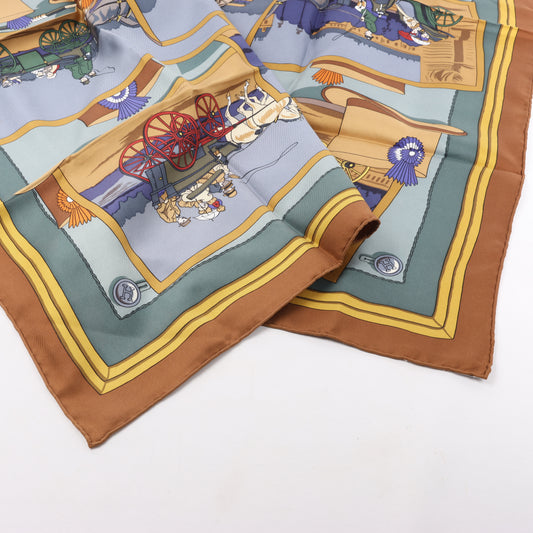 Hermès Carré 90 "Carriage and hat" 100% Silk Scarf in Brown