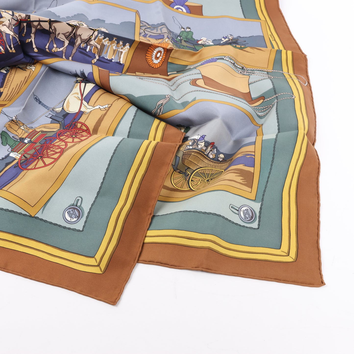 Hermès Carré 90 "Carriage and hat" 100% Silk Scarf in Brown