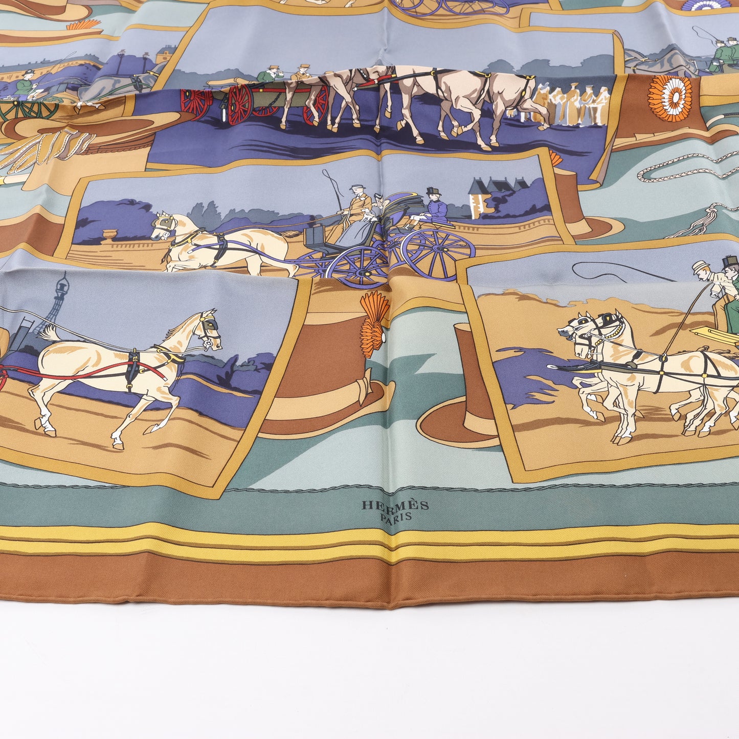 Hermès Carré 90 "Carriage and hat" 100% Silk Scarf in Brown
