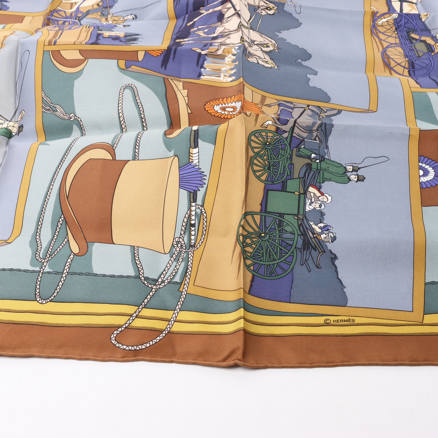 Hermès Carré 90 "Carriage and hat" 100% Silk Scarf in Brown