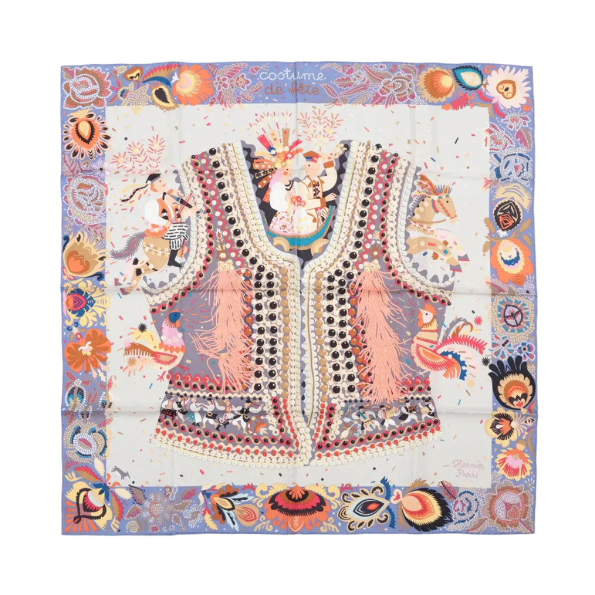 Hermès Carré 90 "Costume de Fete" 100% Silk Scarf in Purple