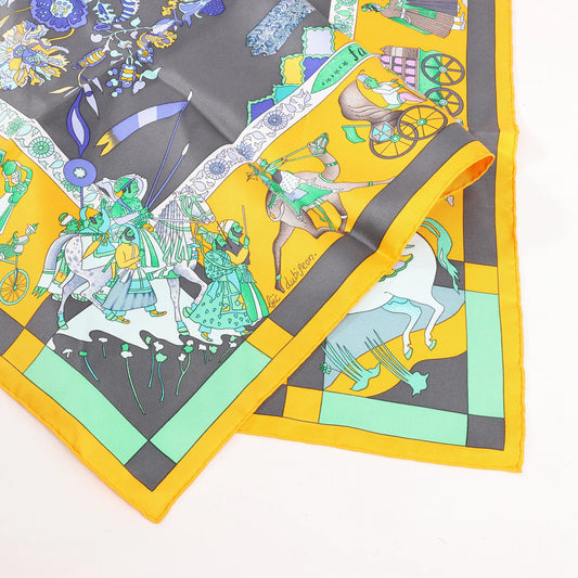 Hermès Carré 90 "Fantaisies Indiennes" Silk handkerchief in Navy Blue x Yellow