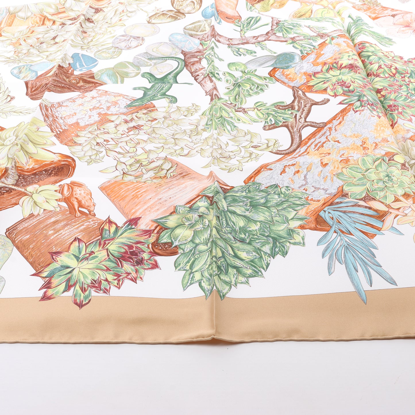 Hermès Carré 90 "JARDIN SECRET" 100% Silk Scarf in Beige
