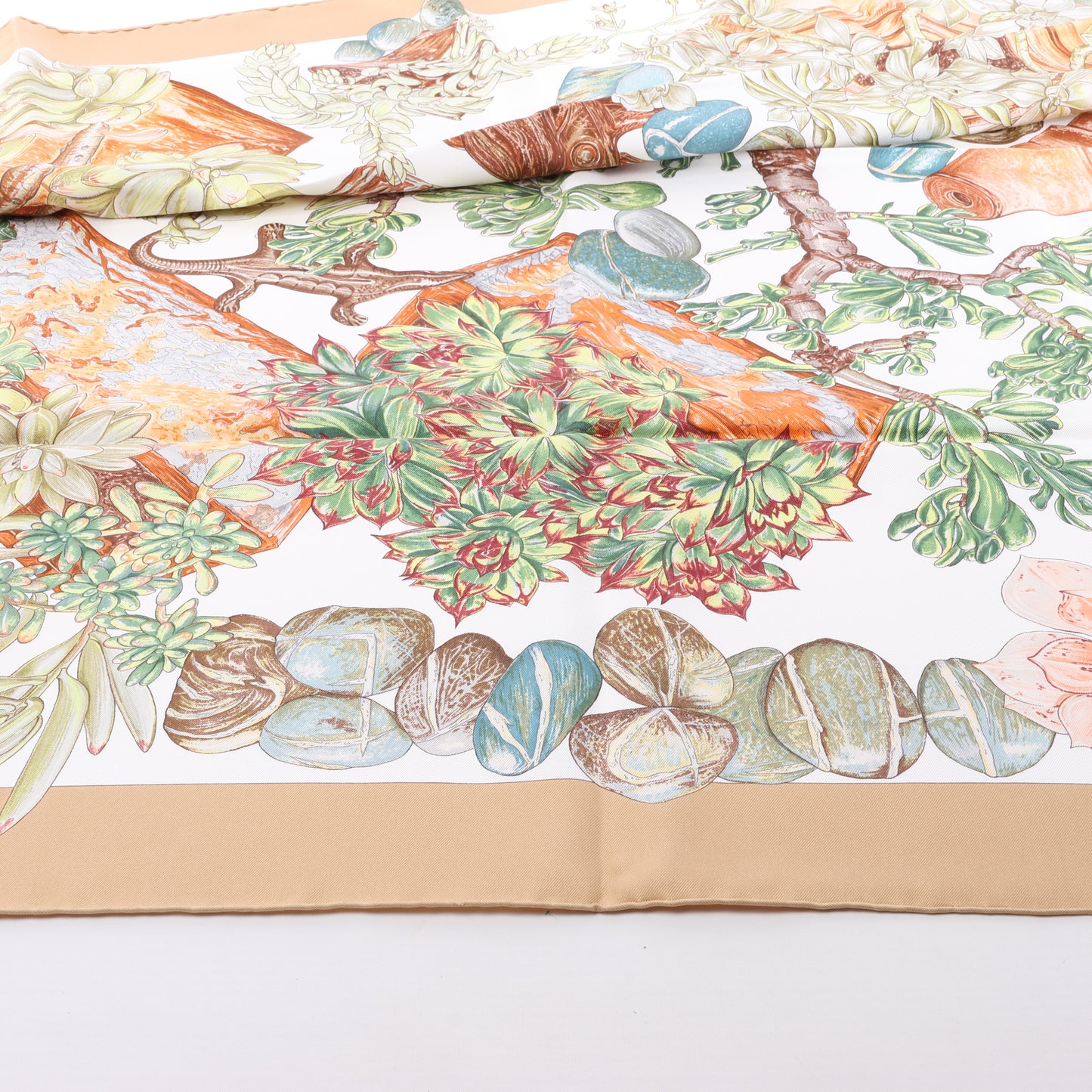 Hermès Carré 90 "JARDIN SECRET" 100% Silk Scarf in Beige