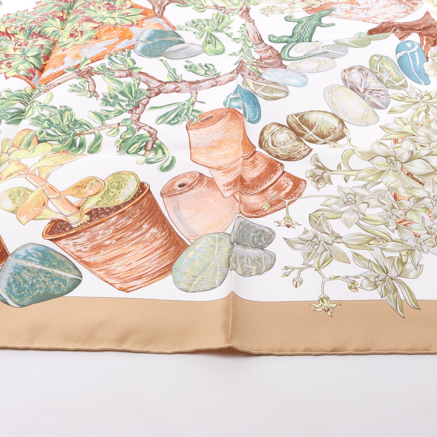 Hermès Carré 90 "JARDIN SECRET" 100% Silk Scarf in Beige