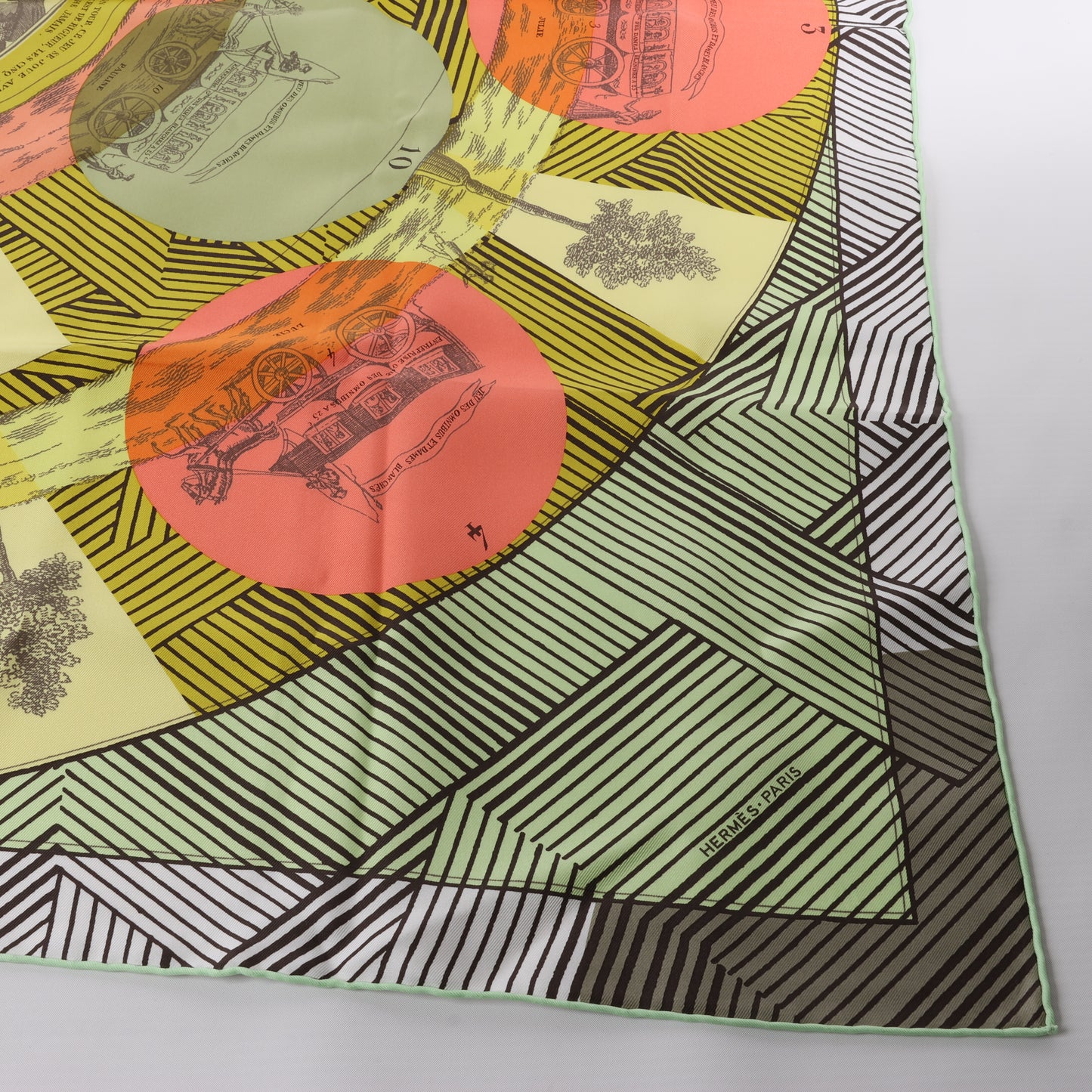 Hermès Carré 90 "JEU DES OMNIBUS ET DAMES BLANCHES" 100% Silk Scarf in Green