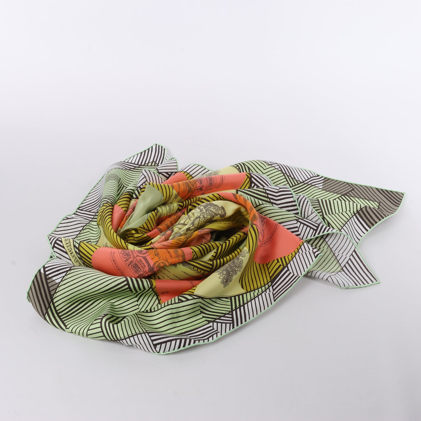 Hermès Carré 90 "JEU DES OMNIBUS ET DAMES BLANCHES" 100% Silk Scarf in Green