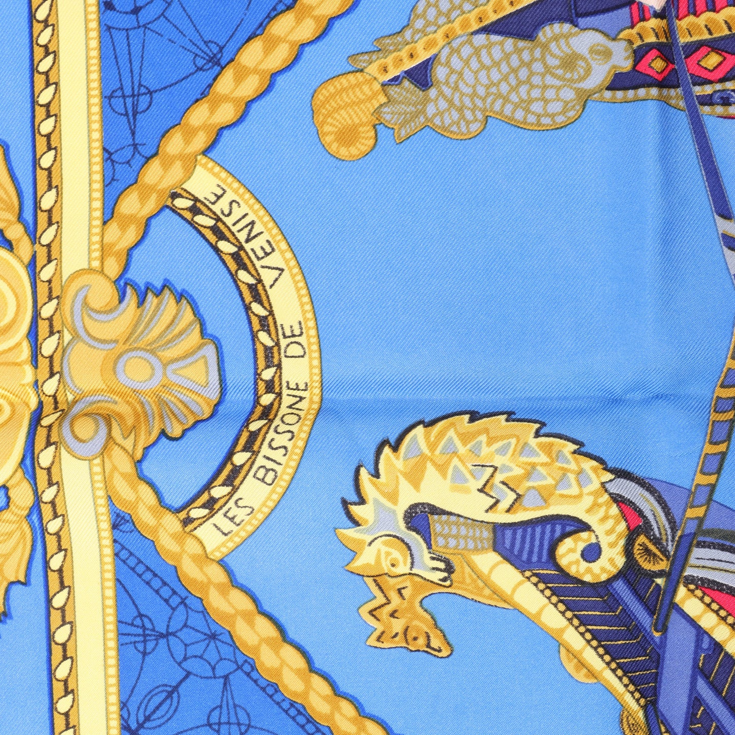 Hermès Carré 90 "LES BISSONE DE VENISE" 100% Silk Scarf in Blue