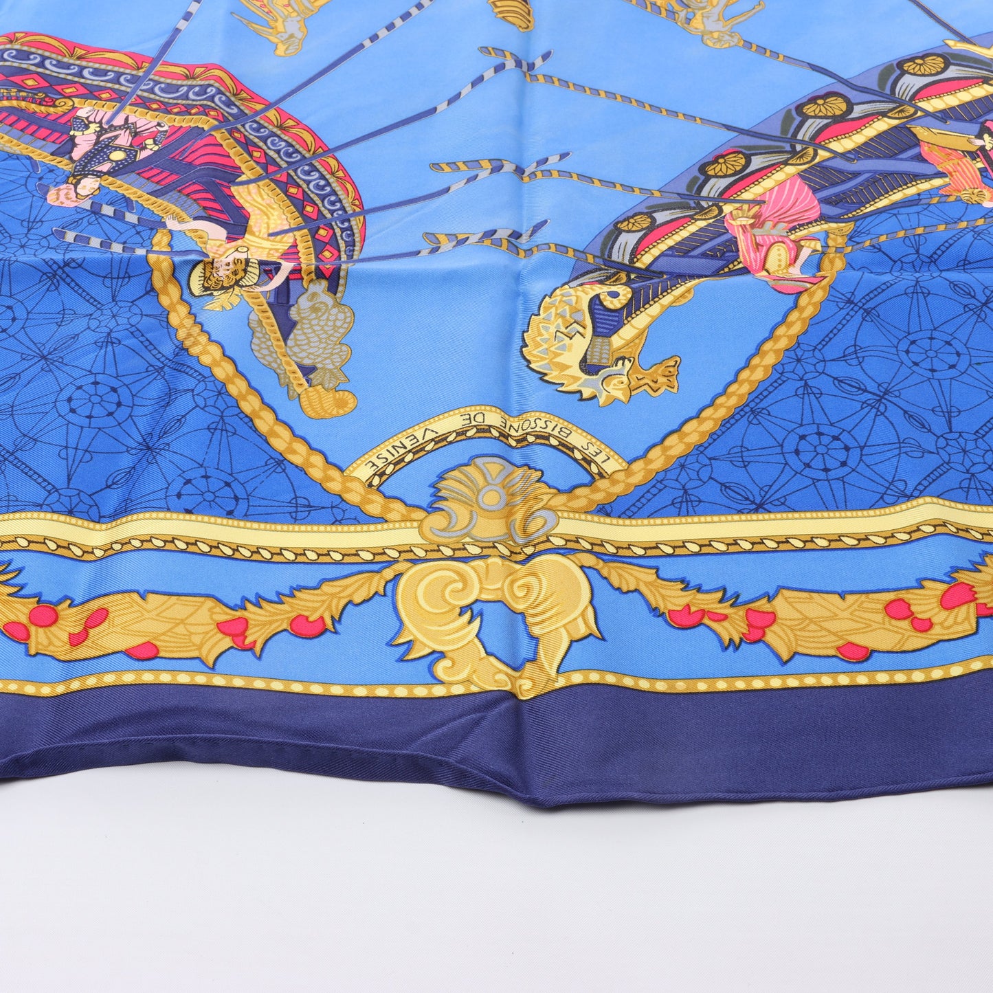 Hermès Carré 90 "LES BISSONE DE VENISE" 100% Silk Scarf in Blue