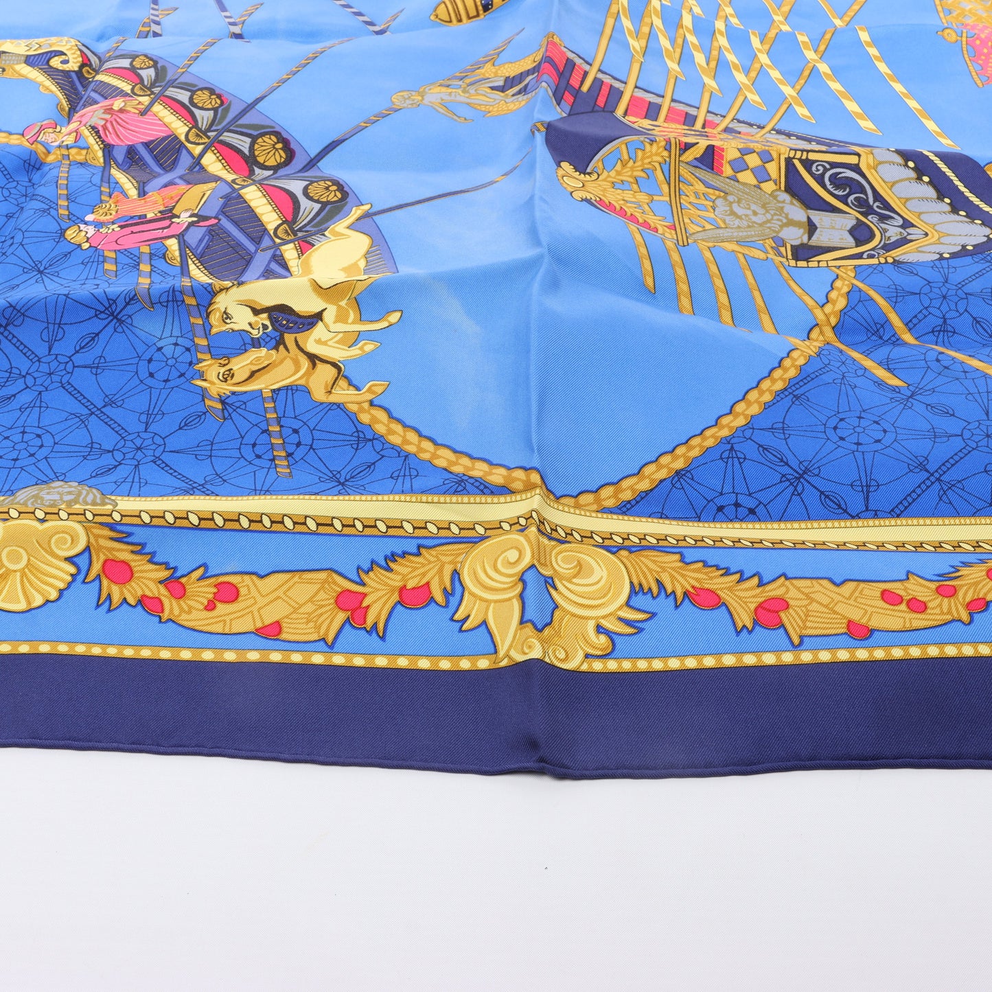 Hermès Carré 90 "LES BISSONE DE VENISE" 100% Silk Scarf in Blue