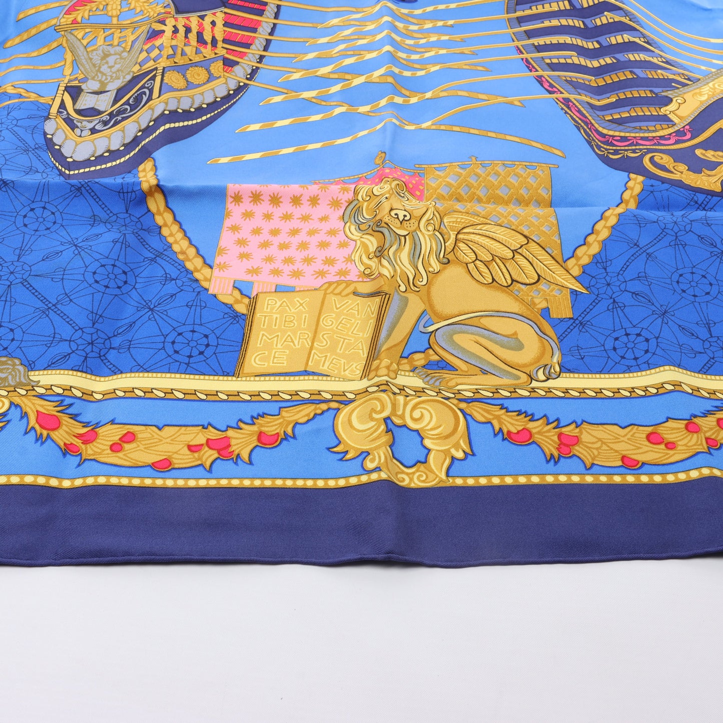 Hermès Carré 90 "LES BISSONE DE VENISE" 100% Silk Scarf in Blue