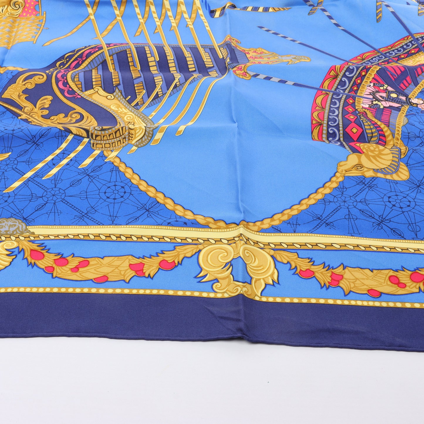 Hermès Carré 90 "LES BISSONE DE VENISE" 100% Silk Scarf in Blue