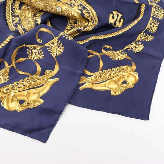 Hermès Carré 90 "LES CAVALIERS D'OR" 100% Silk Scarf in Navy Blue x Gold