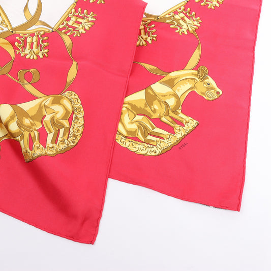 Hermès Carré 90 "LES CAVALIERS D'OR" 100% Silk Scarf in Red