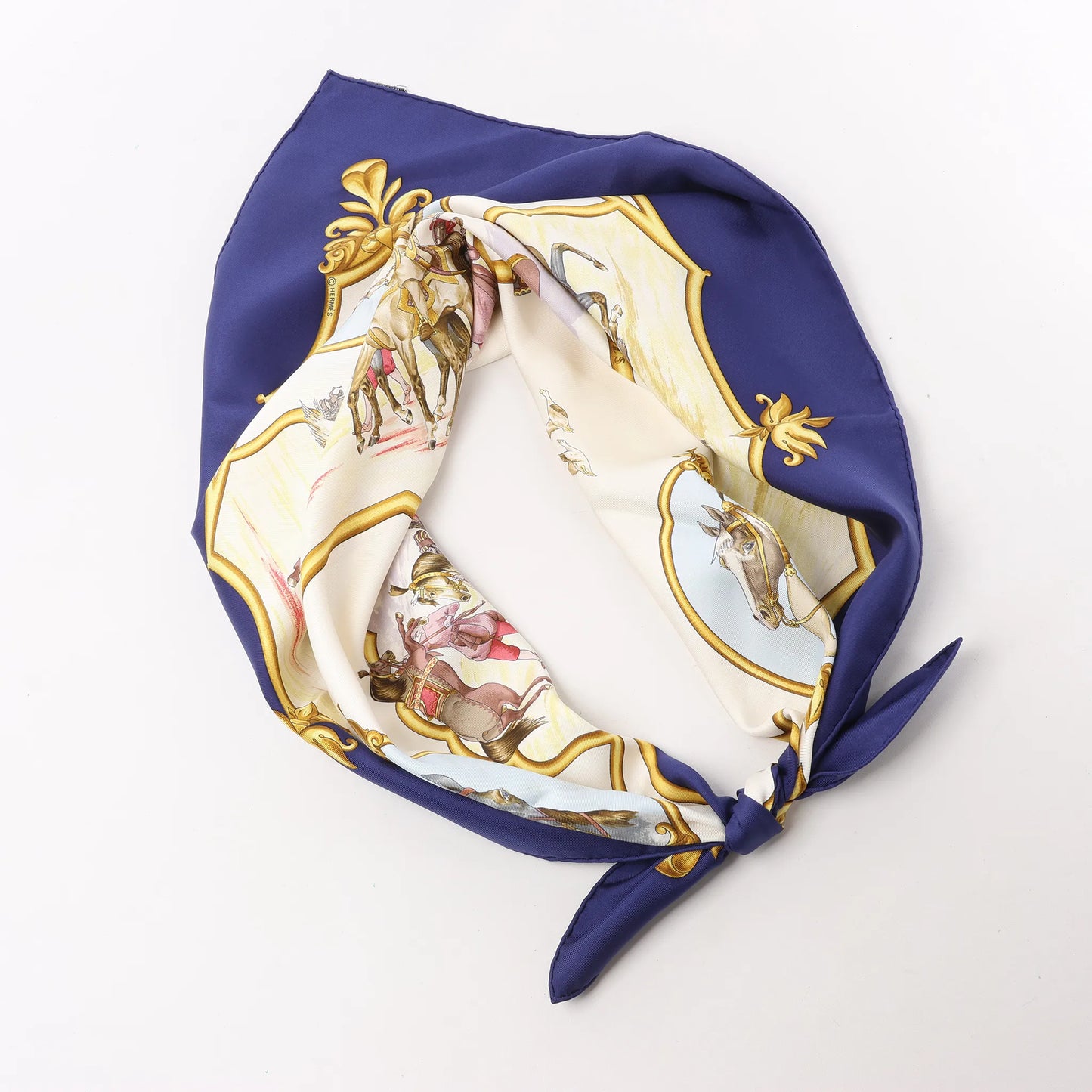 Hermès Carré 90 "LES CHEVAUX DES MOGHOLS" Silk handkerchief in Navy Blue