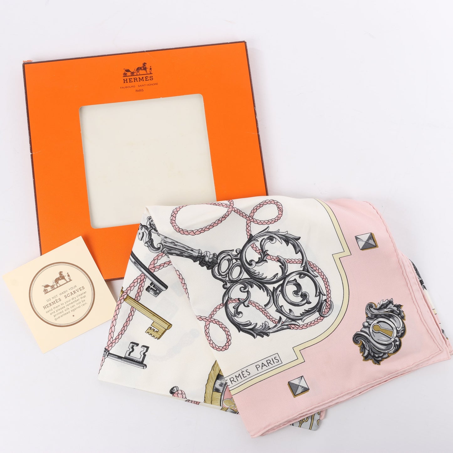 Hermès Carré 90 "LES CLES" 100% Silk Scarf in Pink