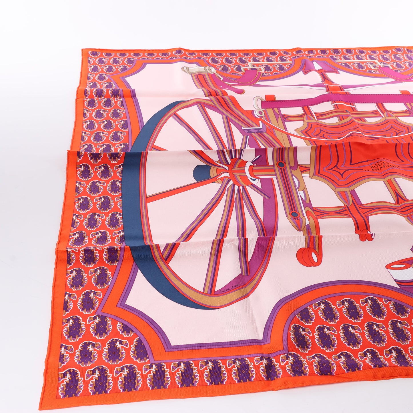 Hermès Carré 90 "LES ROUES DE PHAETON" Foulard 100% Soie en Orange x Rose