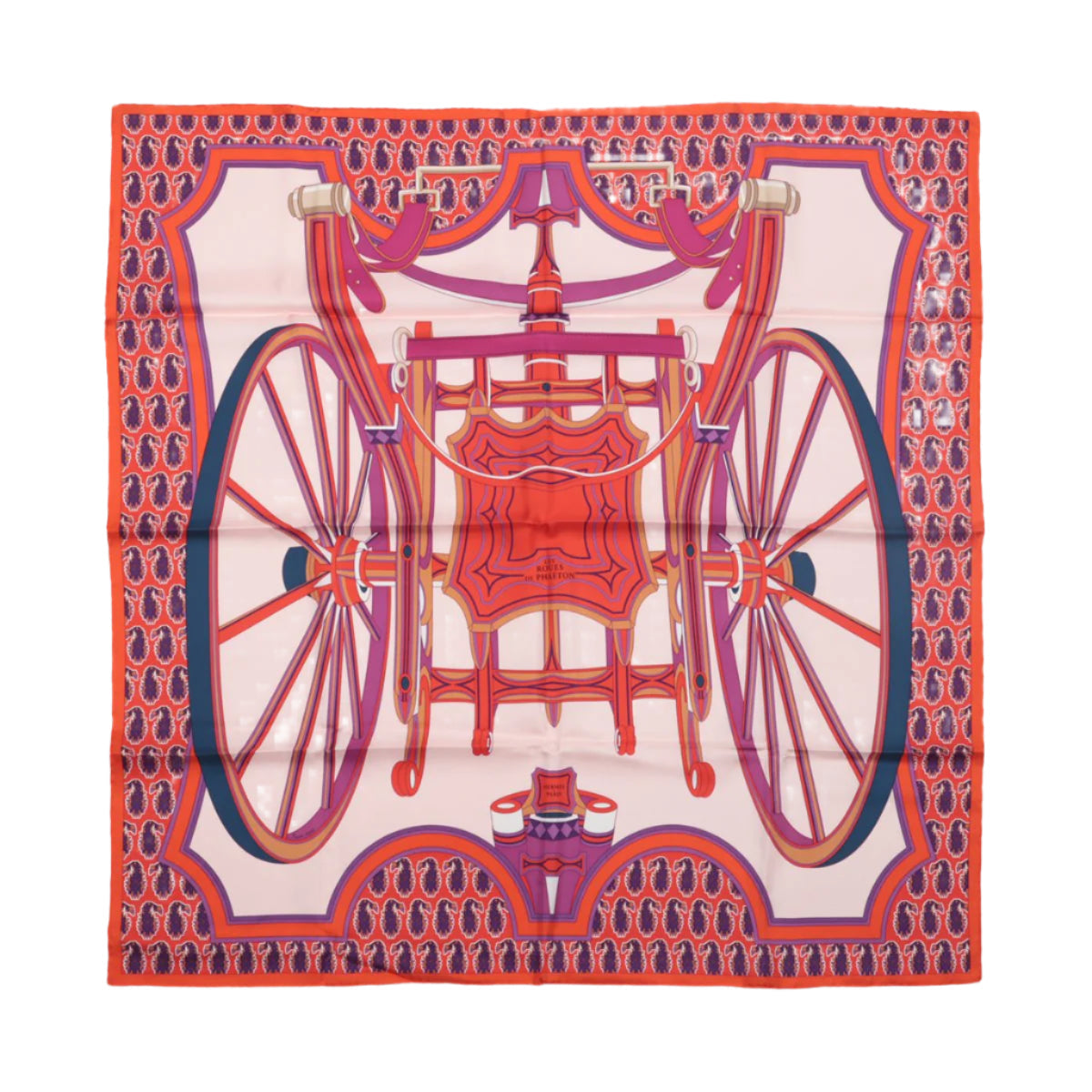Hermès Carré 90 "LES ROUES DE PHAETON" Foulard 100% Soie en Orange x Rose