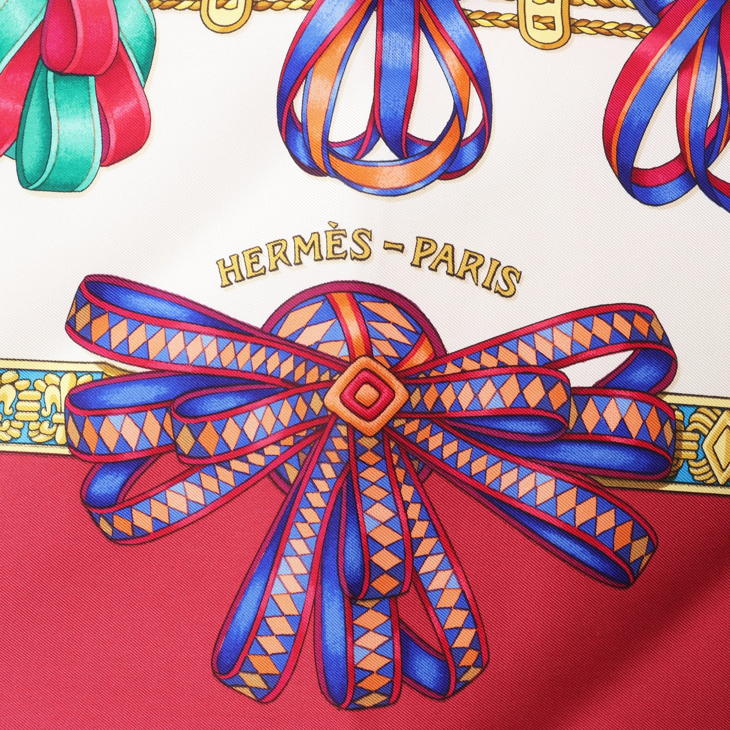 Hermès Carré 90 "LES RUBANS DU CHEVAL" 100% Silk Scarf in Burgundy