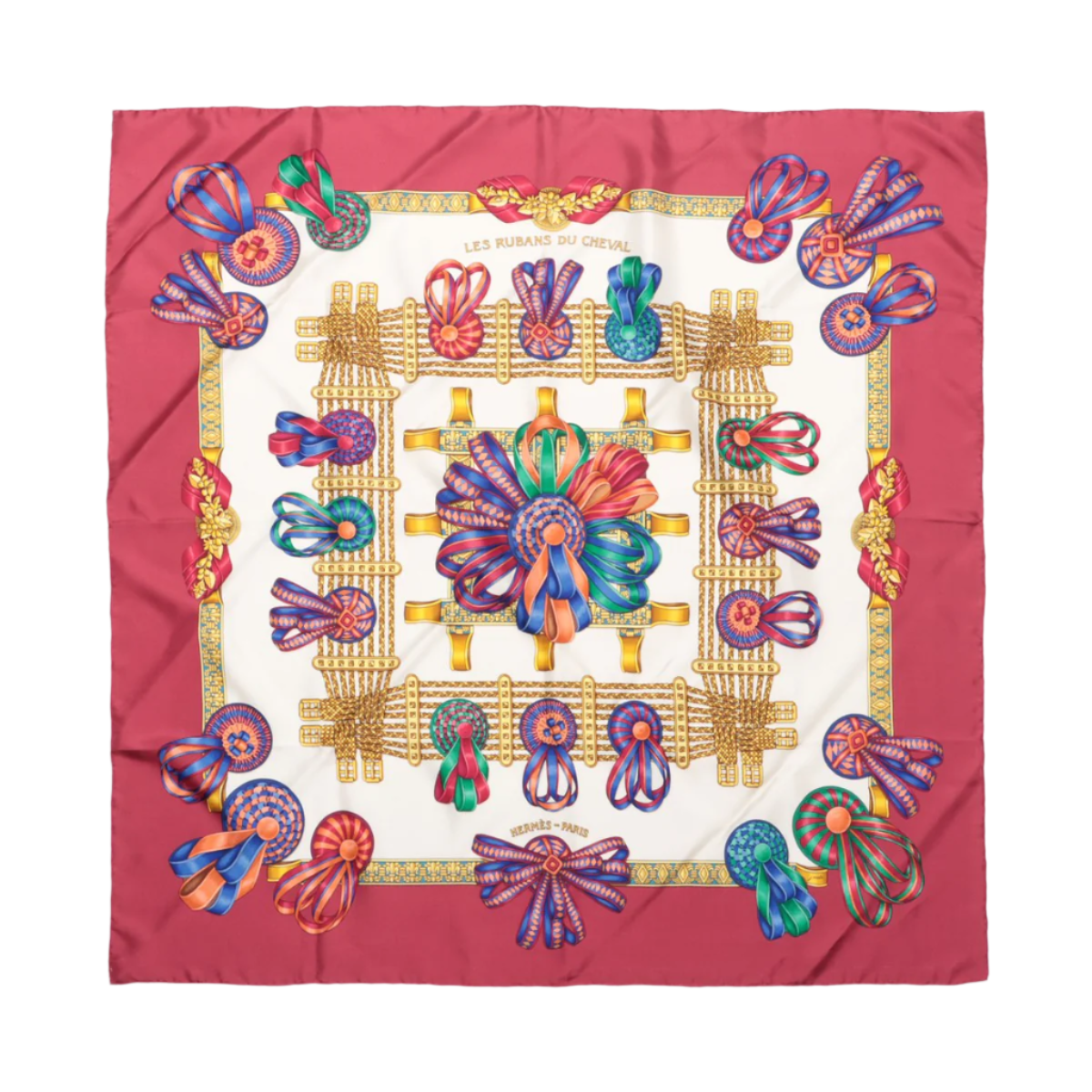 Hermès Carré 90 "LES RUBANS DU CHEVAL" 100% Silk Scarf in Burgundy