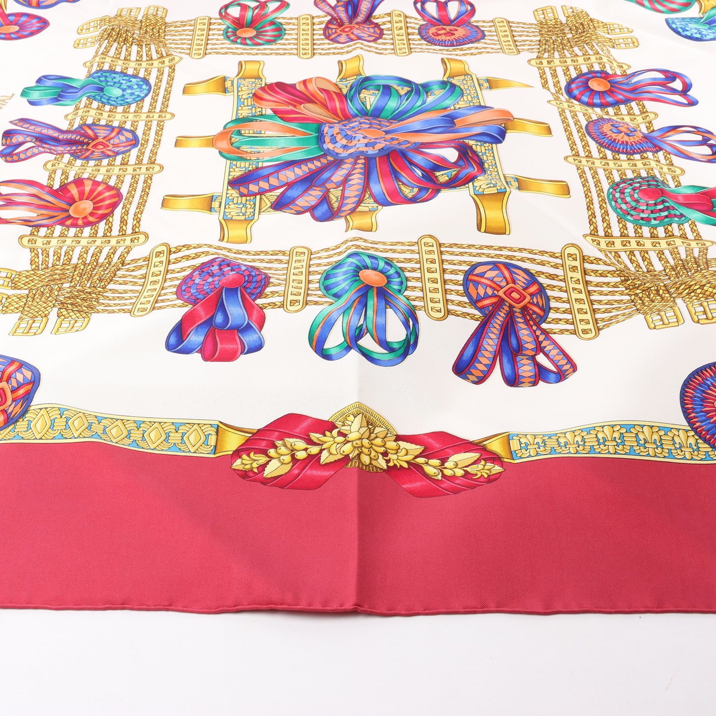 Hermès Carré 90 "LES RUBANS DU CHEVAL" 100% Silk Scarf in Burgundy