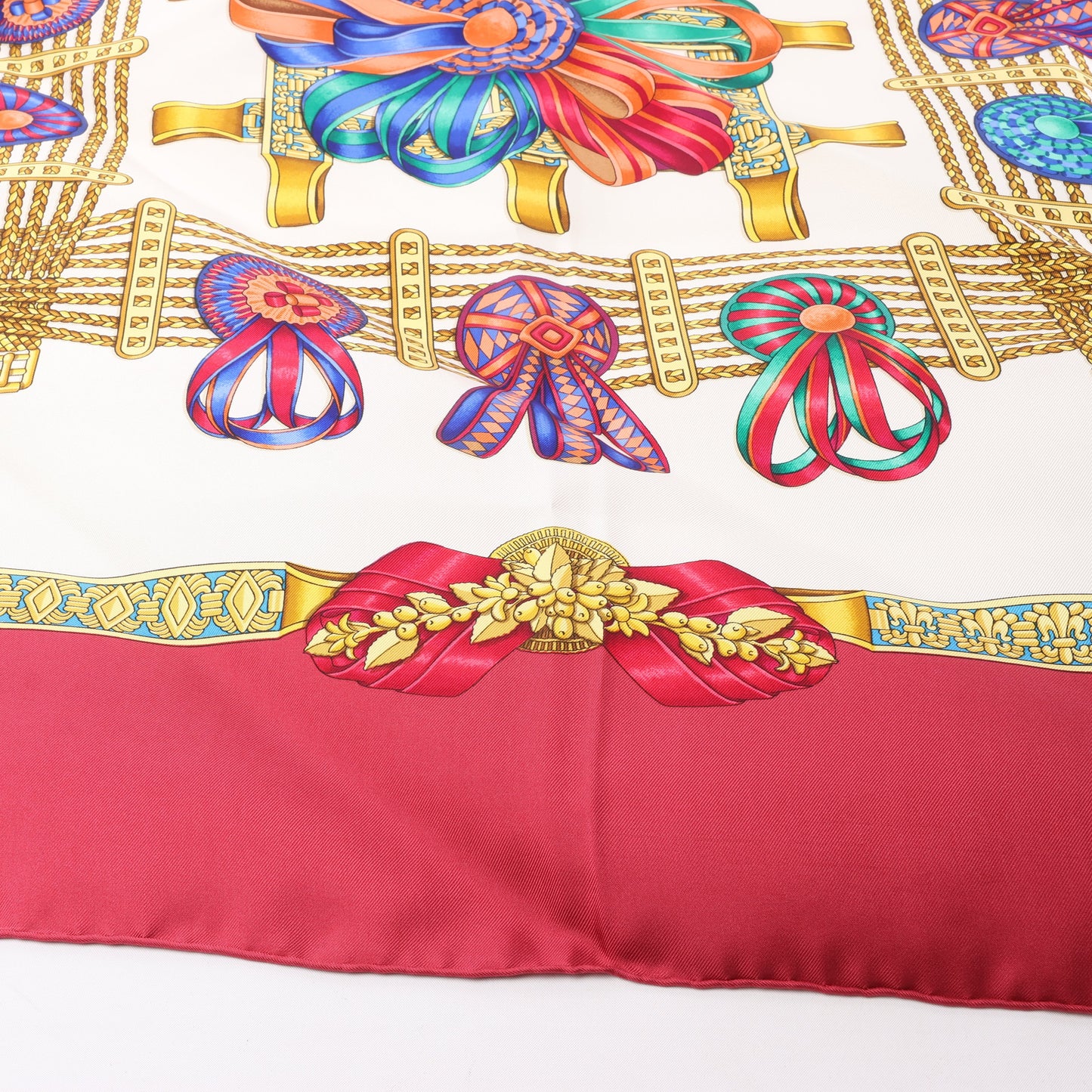 Hermès Carré 90 "LES RUBANS DU CHEVAL" 100% Silk Scarf in Burgundy