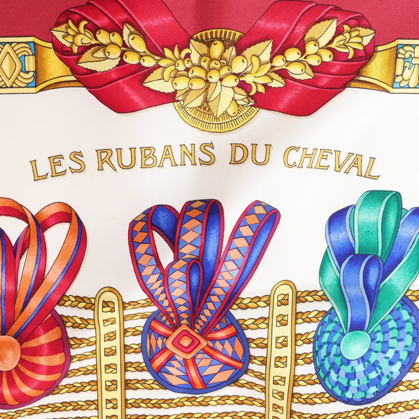 Hermès Carré 90 "LES RUBANS DU CHEVAL" 100% Silk Scarf in Burgundy