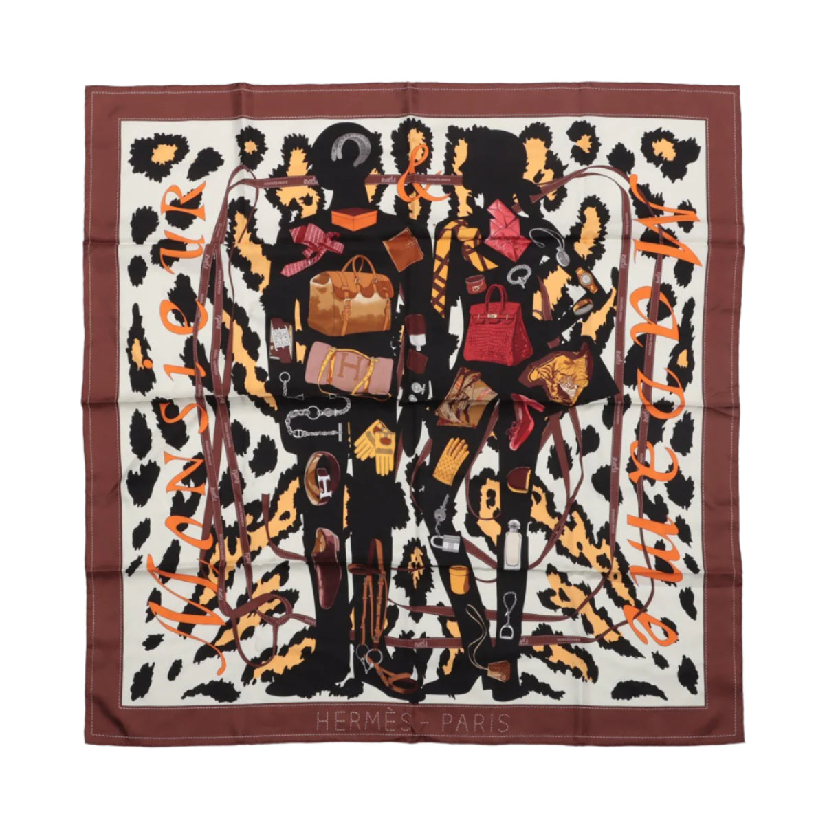 Carré Hermès Carré 90 « Monsieur et Madame » 100 % soie marron