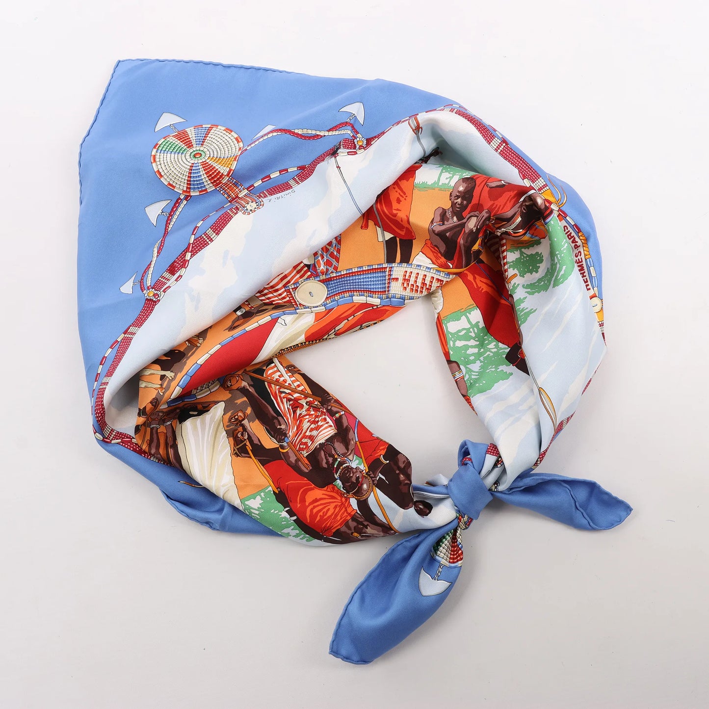 Hermès Carré 90 "PERLES DU KENYA" Silk handkerchief in Blue