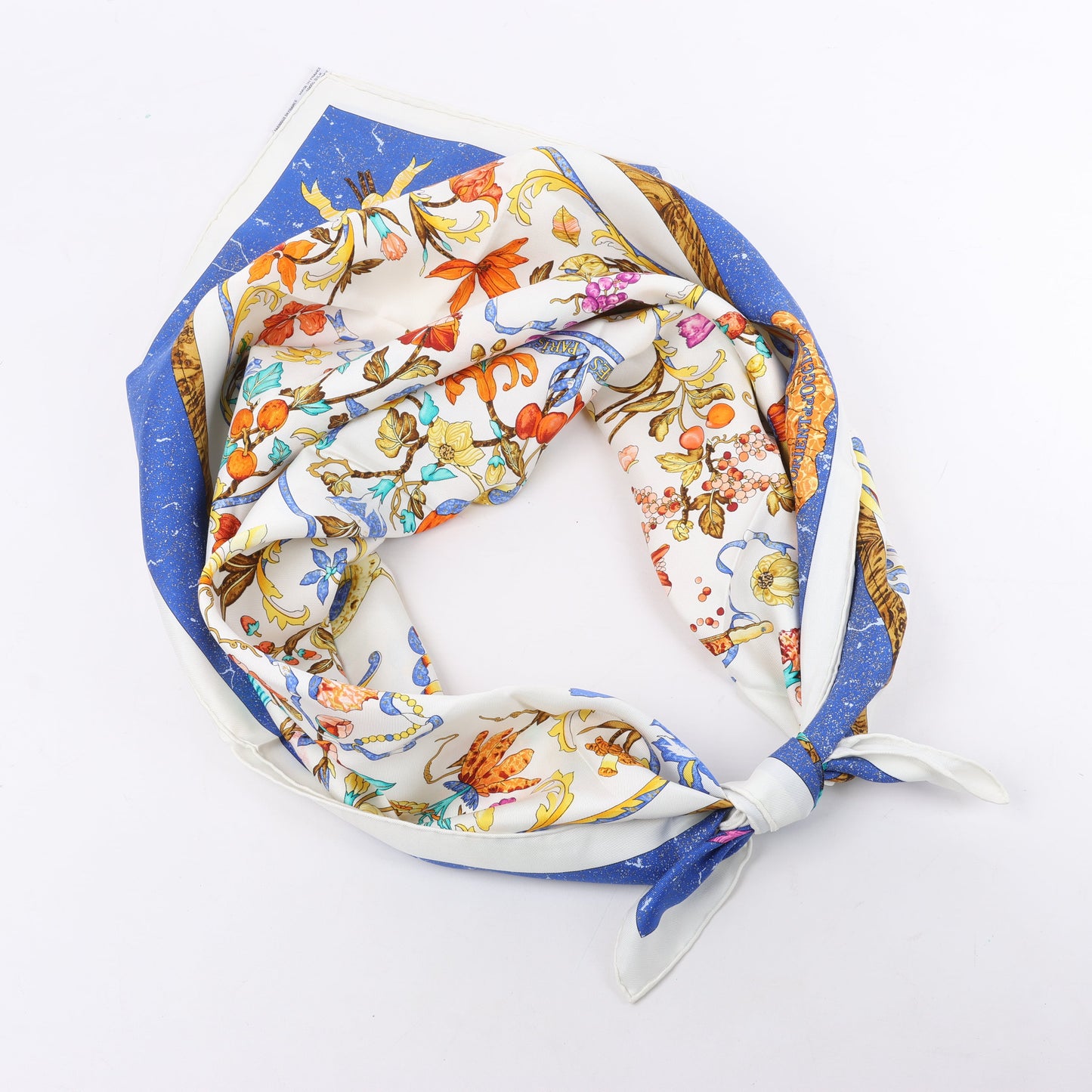 Hermès Carré 90 "PIERRES d' ORIENT et d' OCCIDENT" 100% Silk Scarf in Navy x Beige