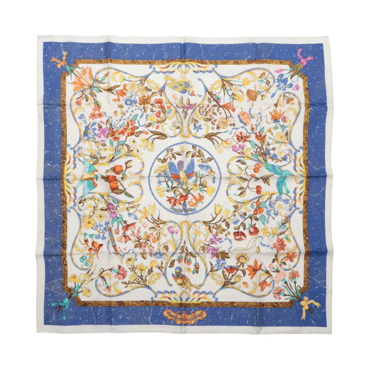 Hermès Carré 90 "PIERRES d' ORIENT et d' OCCIDENT" 100% Silk Scarf in Navy x Beige