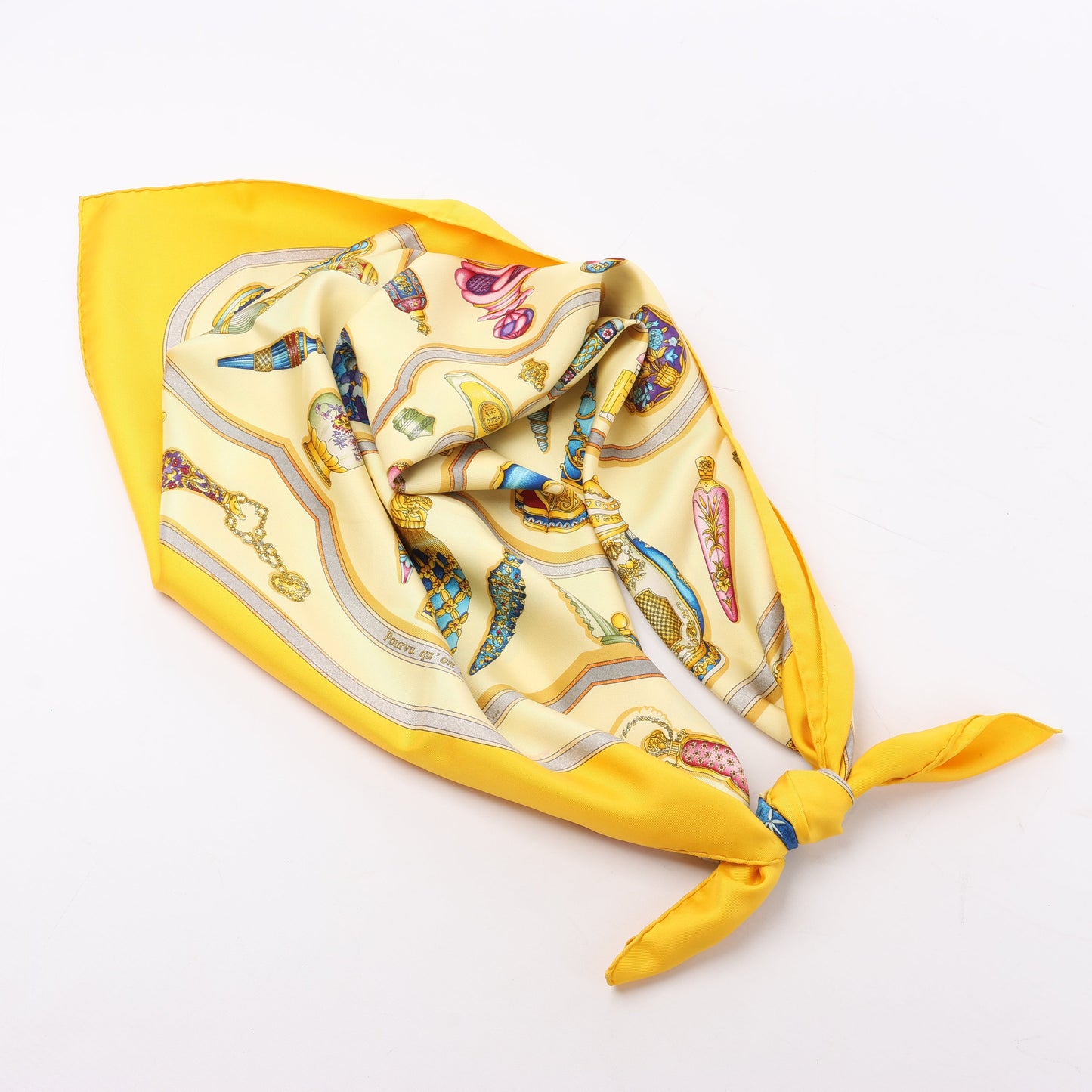 Hermès Carré 90 "Qu'importe le flacon" 100% Silk Scarf in Yellow
