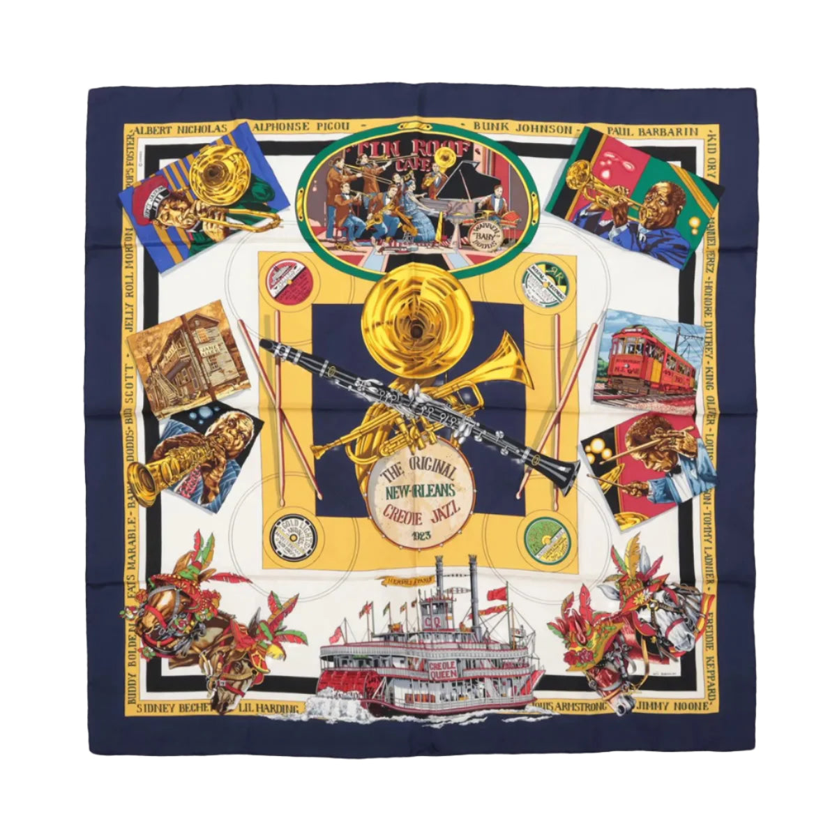 Carré Hermès Carré 90 « THE ORIGINAL NEW ORLEANS CREOLE JAZZ 1923 » 100 % soie bleu marine