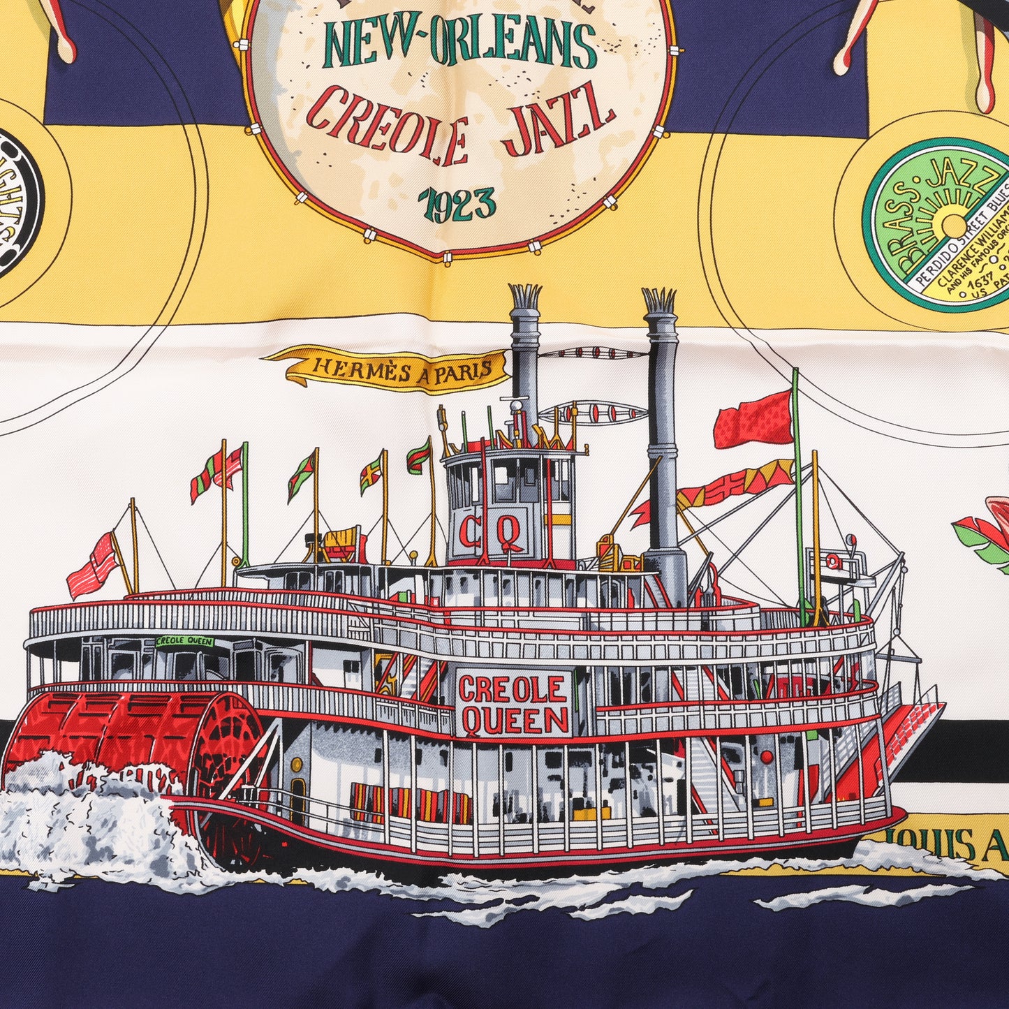 Carré Hermès Carré 90 « THE ORIGINAL NEW ORLEANS CREOLE JAZZ 1923 » 100 % soie bleu marine