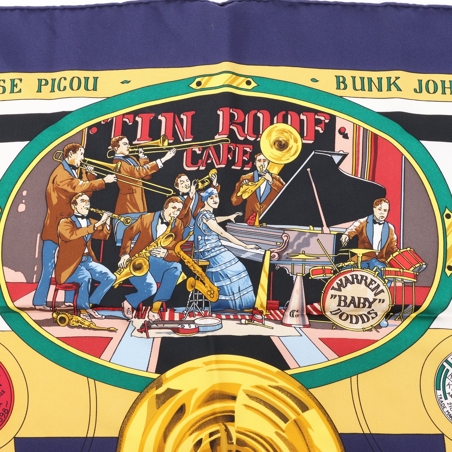 Carré Hermès Carré 90 « THE ORIGINAL NEW ORLEANS CREOLE JAZZ 1923 » 100 % soie bleu marine