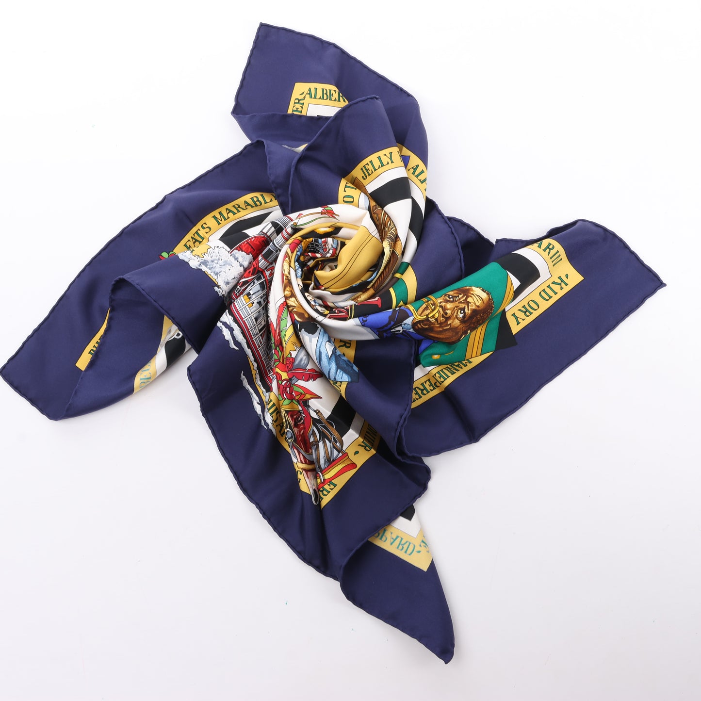 Carré Hermès Carré 90 « THE ORIGINAL NEW ORLEANS CREOLE JAZZ 1923 » 100 % soie bleu marine